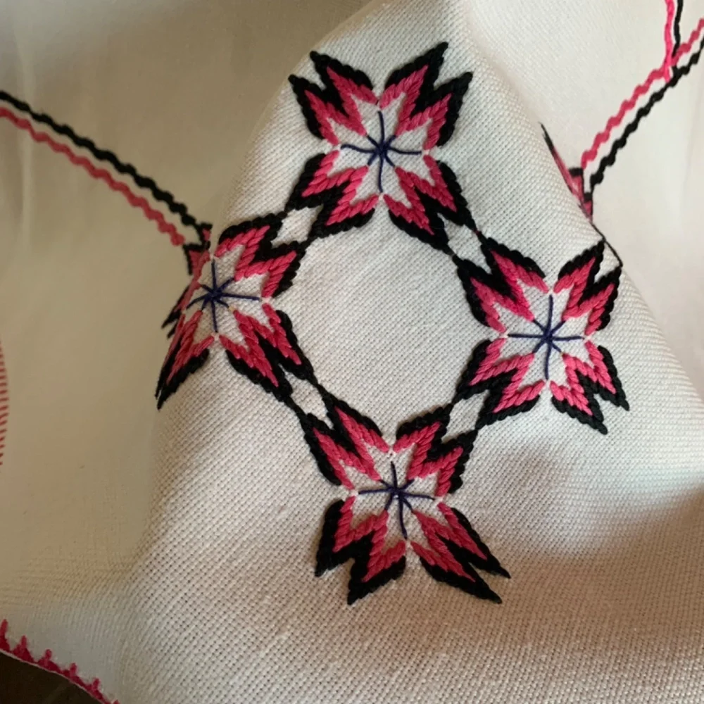 Vintage Hand Embroidered Linen Tablecloth 34x53,5  Pink Black Cross Stitch